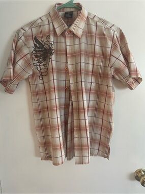 Boys Short-Sleeve Plaid Button-Down Shirt w/ Graphic size medium 10-12